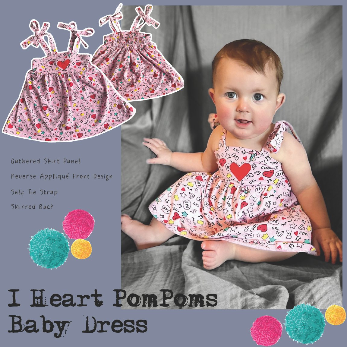 I heart pompoms dress WEBPAGE 1-01 I Heart Pom Poms – Baby Dress Sewing Pattern (0–12m)