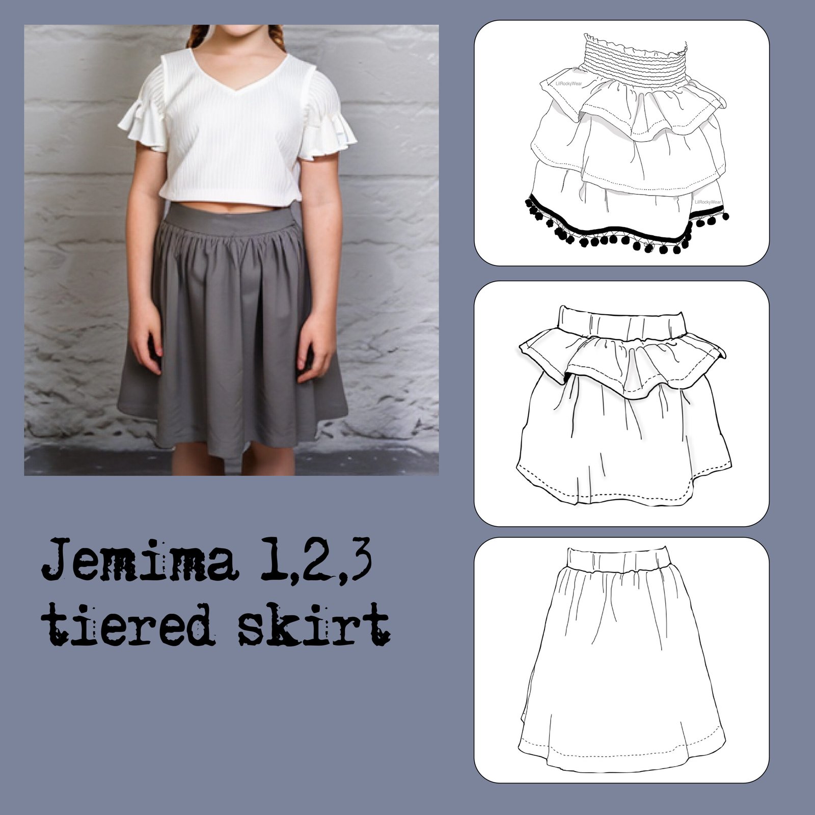 JEMIMA 1,2,3 TIERED SKIRT WEBPAGE IMAGE Jemima – Tiered Skirt Sewing Pattern (18m–9yrs)